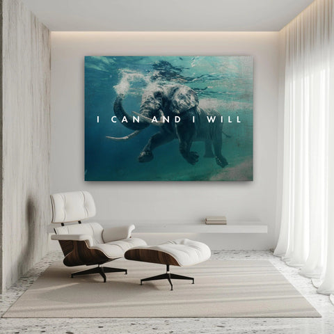 i can and i will motivational canvas wall art showing elephant swimming underwater in teal tones