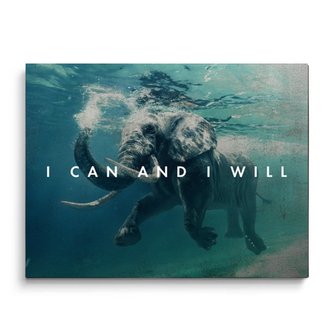 i can and i will motivational canvas wall art showing elephant swimming underwater in teal tones
